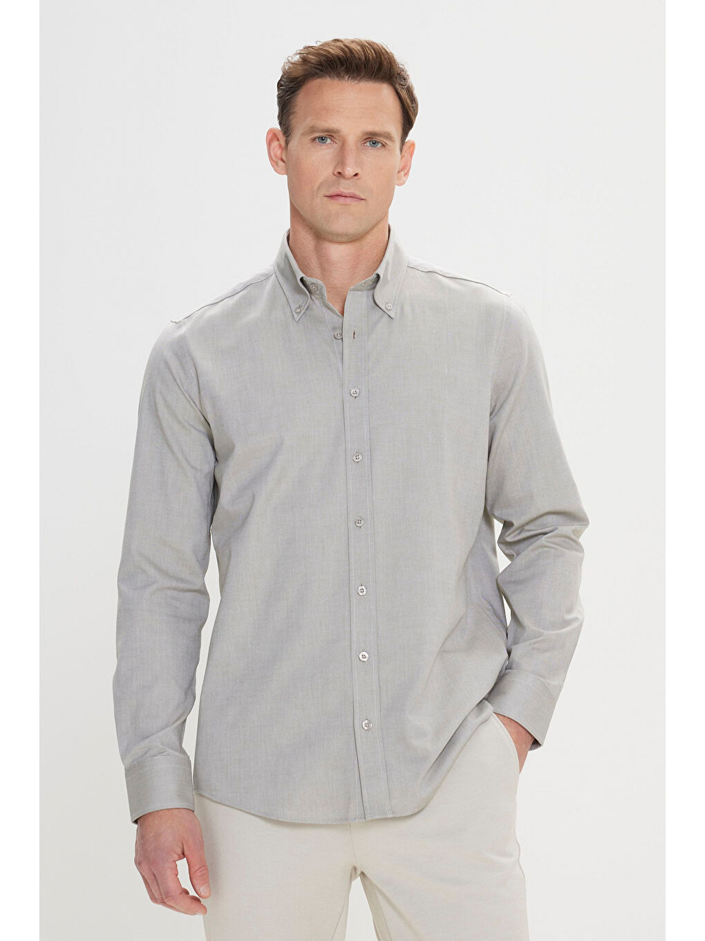 Erkek Yeşil Slim Fit Dar Kesim Düğmeli Yaka %100 Pamuk Oxford Gömlek