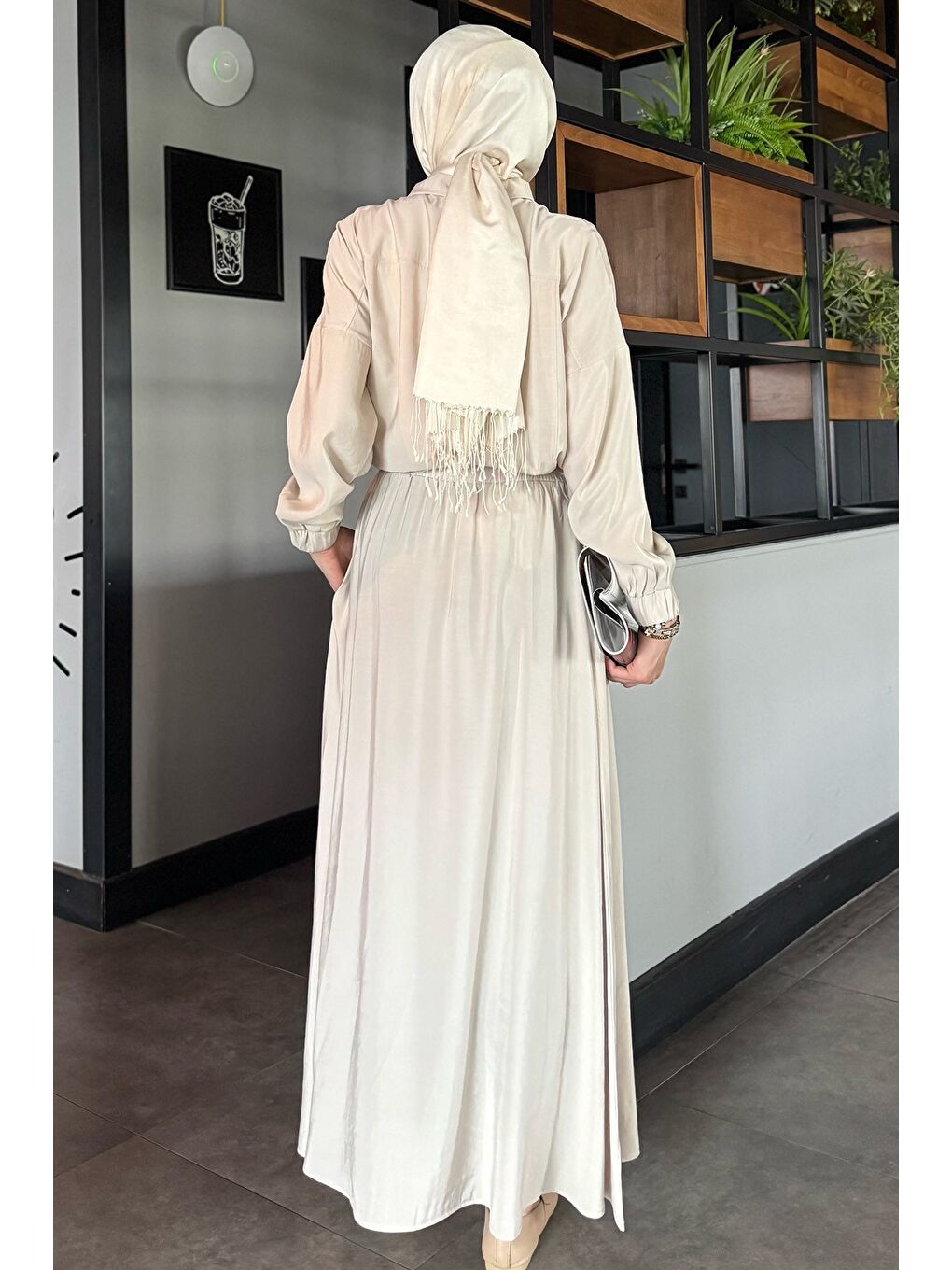 Bej Ön Fermuarlı Paraşüt Kumaş Etek Ceket Tesettür İkili Takım-6