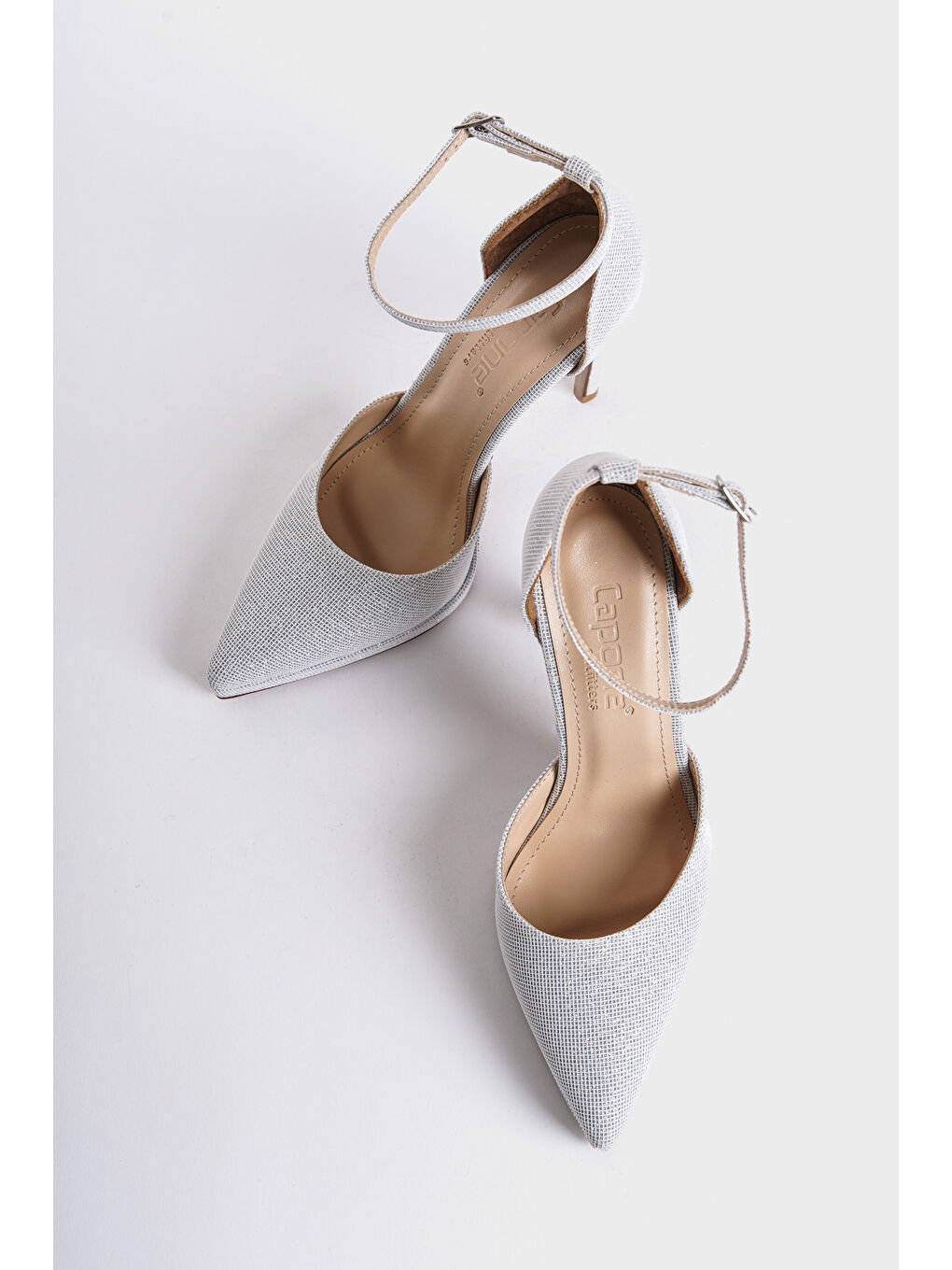 Beyaz Rita Sivri Burunlu Bilekten Bantlı Yüksek Topuklu Simli Platform Kadın Ayakkabı-4