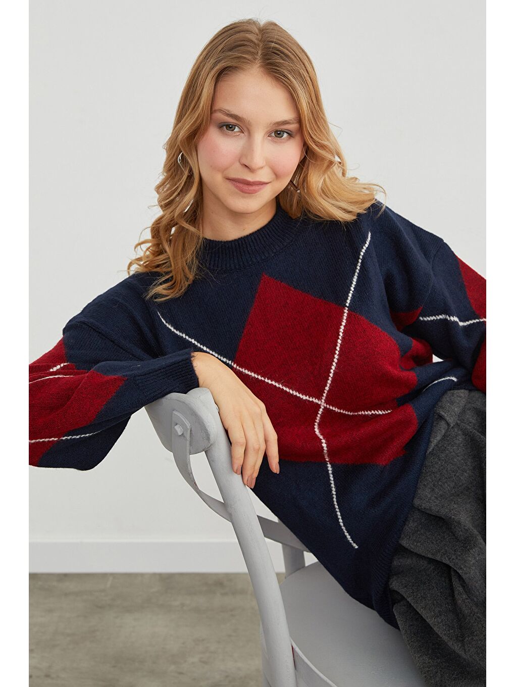 Lacivert Baklava Desenli Oversize Kazak-1