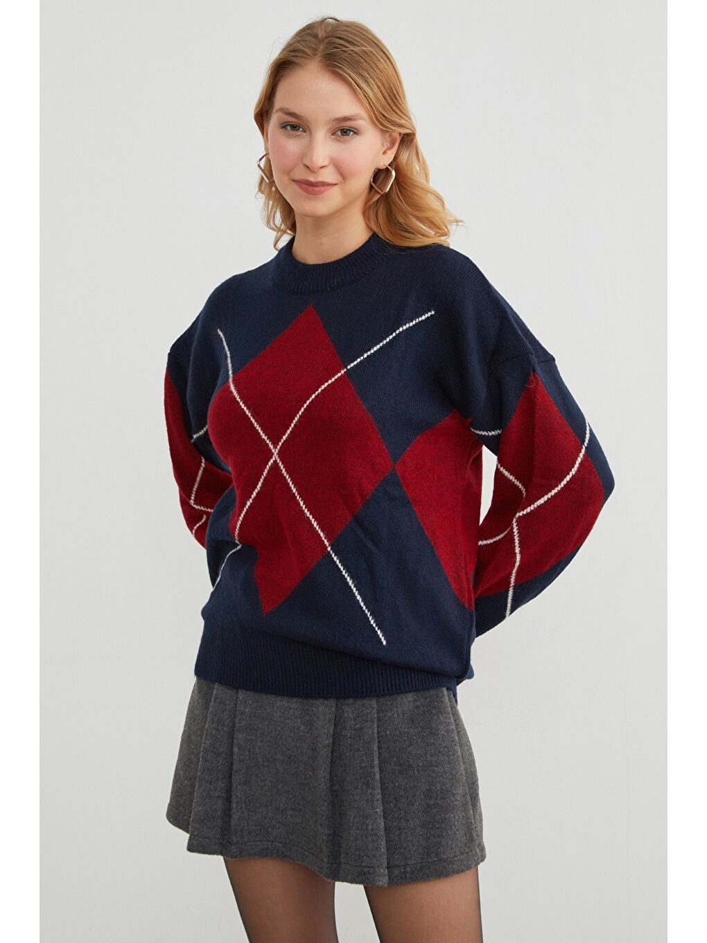 Lacivert Baklava Desenli Oversize Kazak-2