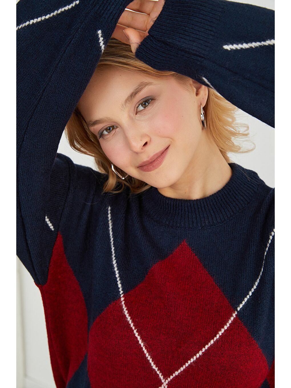 Lacivert Baklava Desenli Oversize Kazak-3