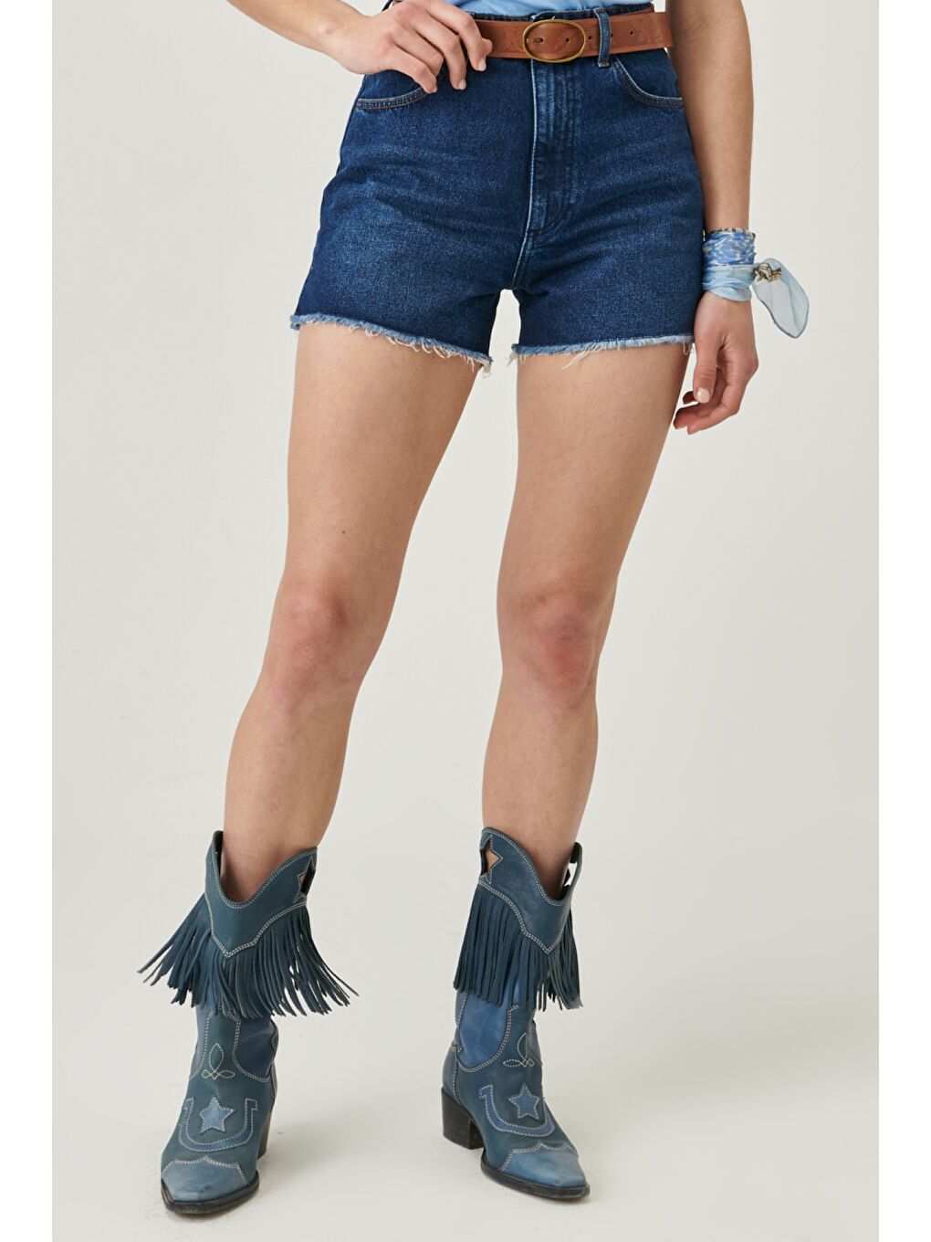 Lacivert Regular Fit Normal Kesim Yüksek Bel %100 Pamuk Jean Şort-3