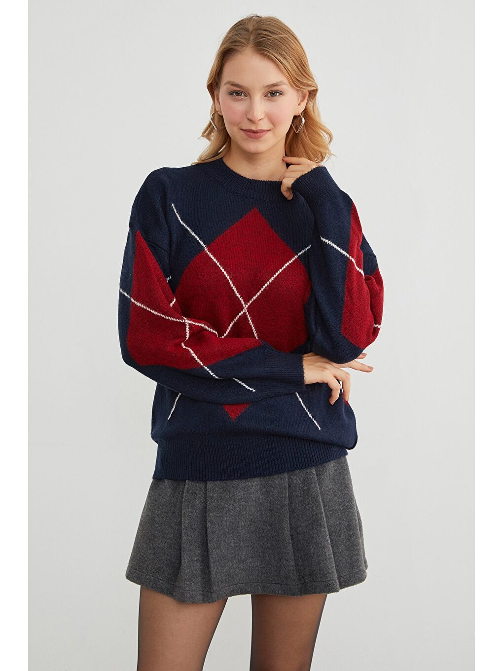 Lacivert Baklava Desenli Oversize Kazak-4