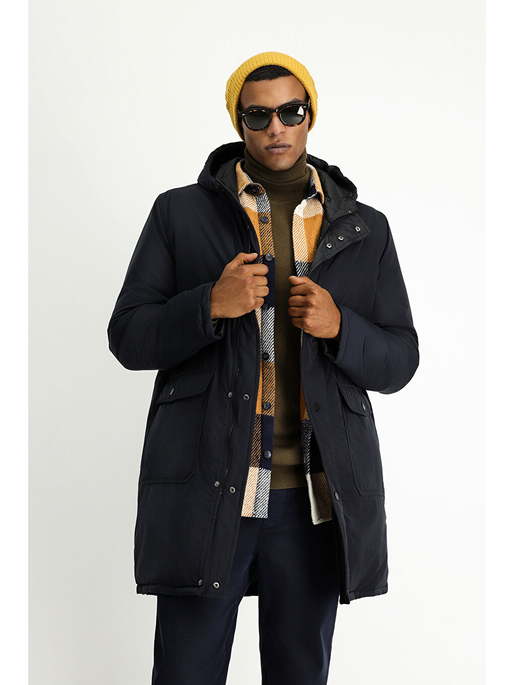 Lacivert Kapüşonlu Çift Taraflı Şişme Spor Kaban-2