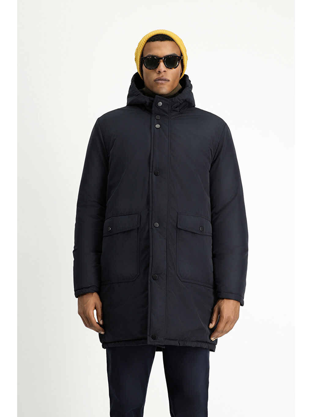 Lacivert Kapüşonlu Çift Taraflı Şişme Spor Kaban-3