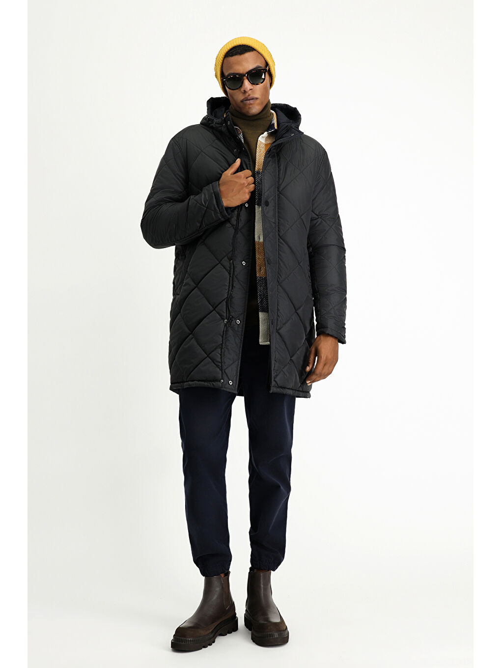 Lacivert Kapüşonlu Çift Taraflı Şişme Spor Kaban-5