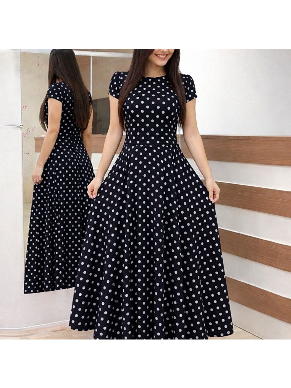 Siyah Kadın Kısa Kollu Bisiklet Yaka Puantiyeli Maksi örme Krep Elbise