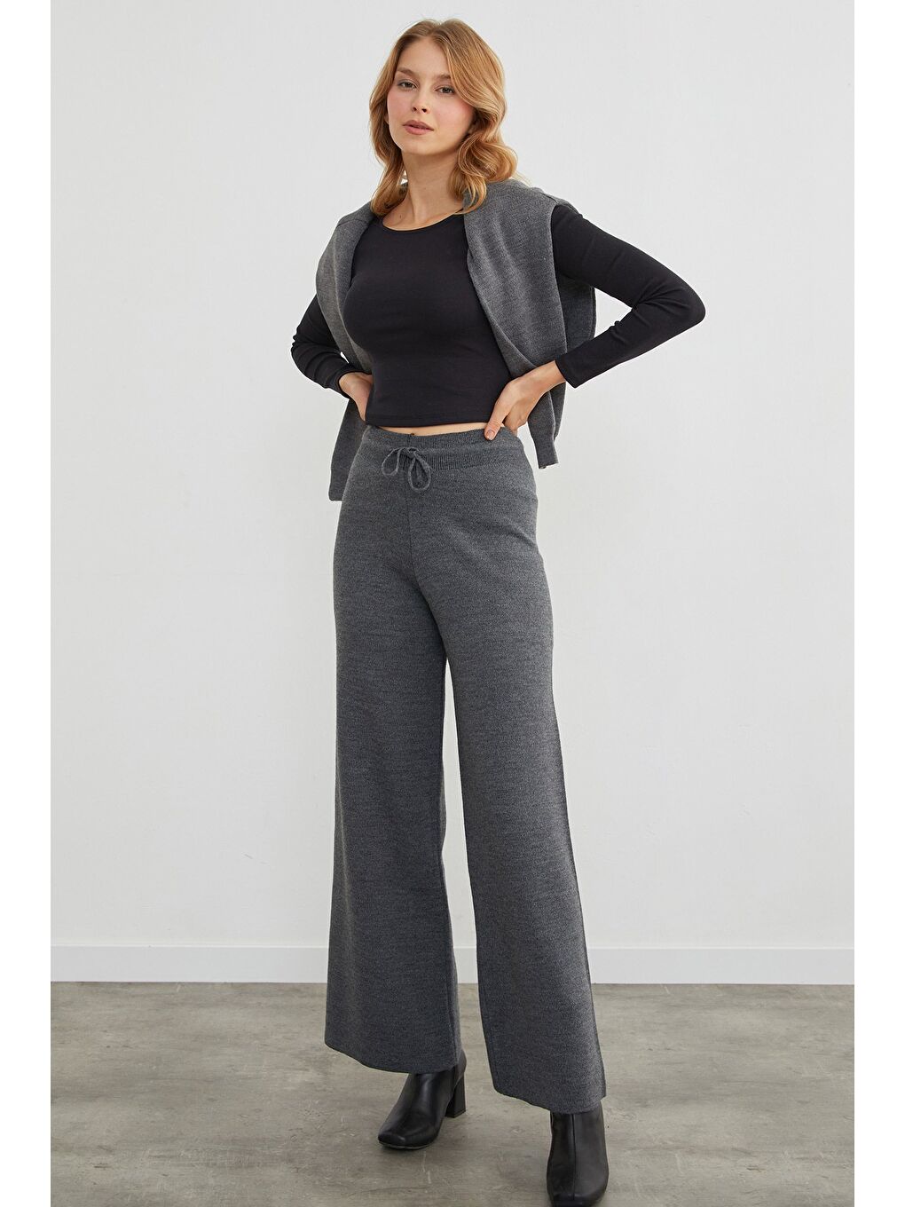 Antrasit Beli Lastikli Palazzo Triko Pantolon