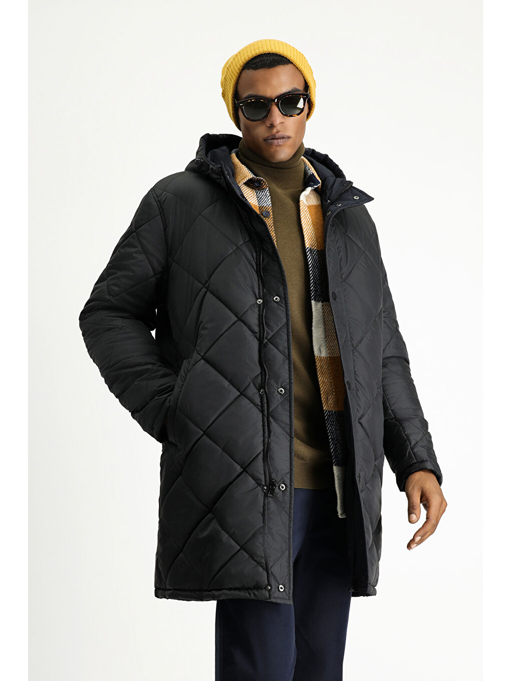 Lacivert Kapüşonlu Çift Taraflı Şişme Spor Kaban-6