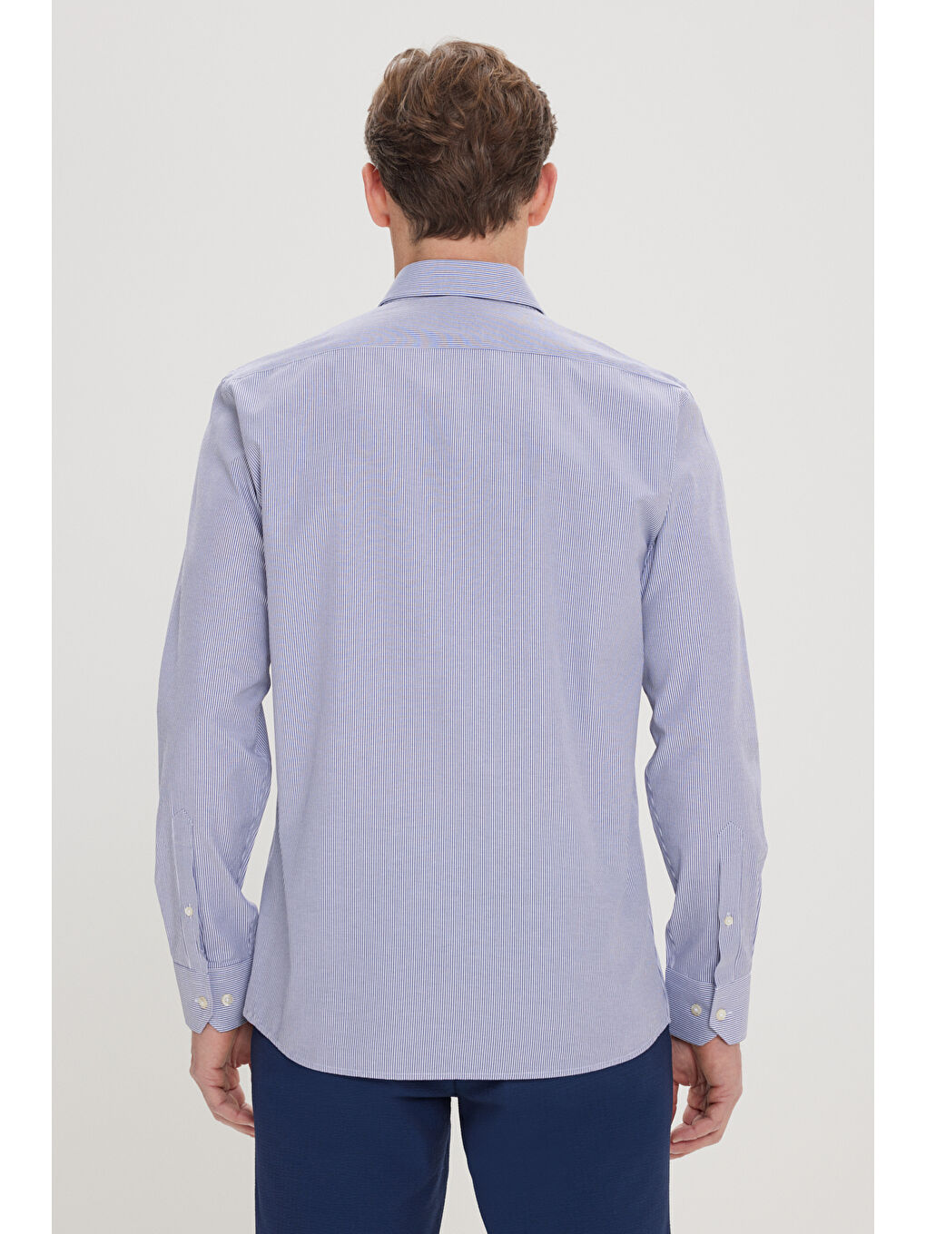 Erkek Beyaz-Mavi Slim Fit Dar Kesim Düğmeli Yaka Çizgili Gömlek-4