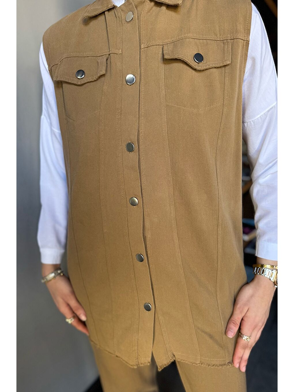 Ekru Tesettür Gabardin Yelek Pantolon İkili Takım-5