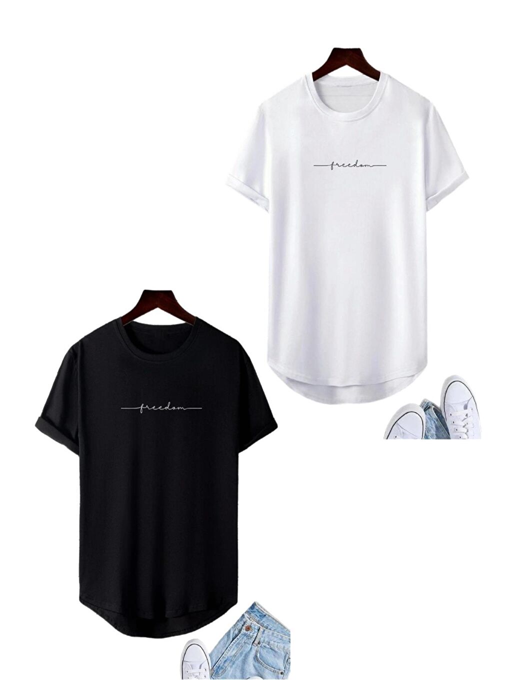 Siyah Freedom 2'li Paket Uzun Eteği Oval Pamuklu Comfort Fit Unisex Tişört