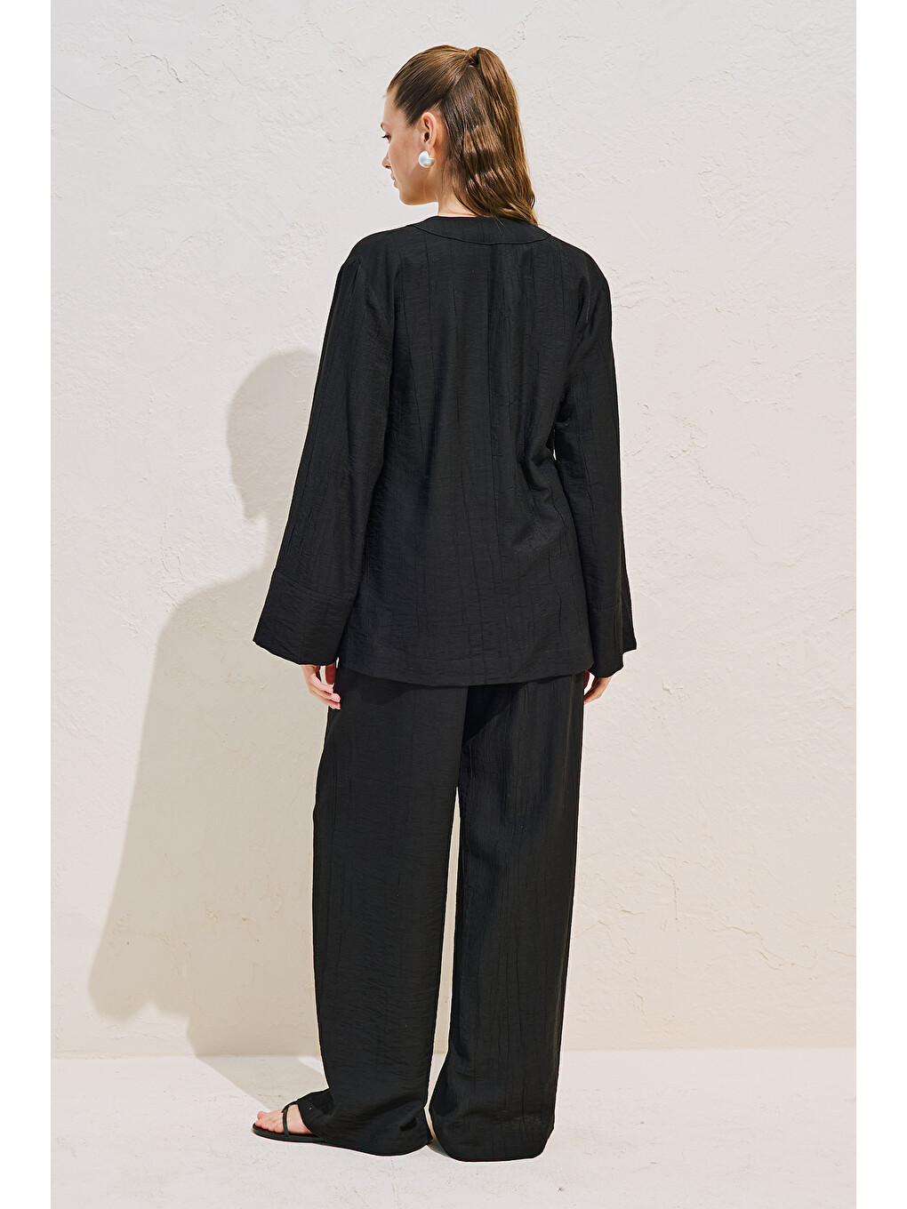 Dokulu Bağlamalı Kimono Bluz Siyah-5