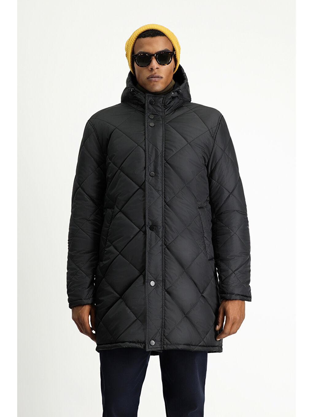 Lacivert Kapüşonlu Çift Taraflı Şişme Spor Kaban-7