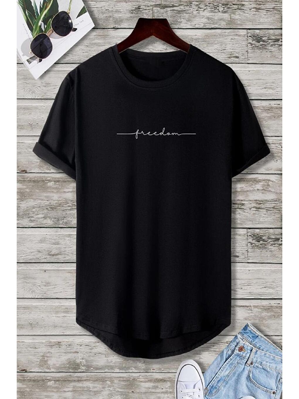Siyah Freedom 2'li Paket Uzun Eteği Oval Pamuklu Comfort Fit Unisex Tişört-1