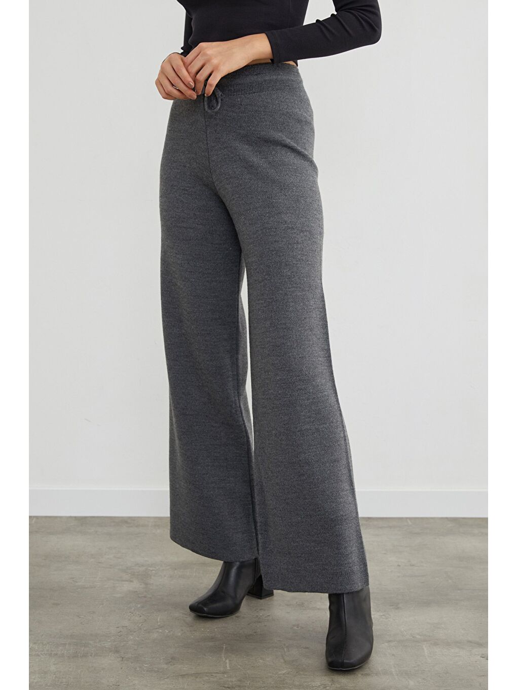 Antrasit Beli Lastikli Palazzo Triko Pantolon-2