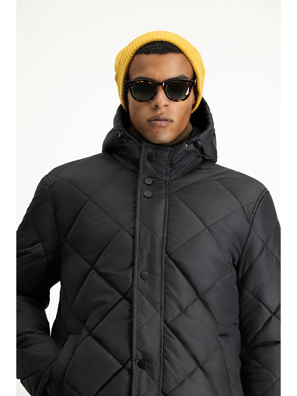 Lacivert Kapüşonlu Çift Taraflı Şişme Spor Kaban-8