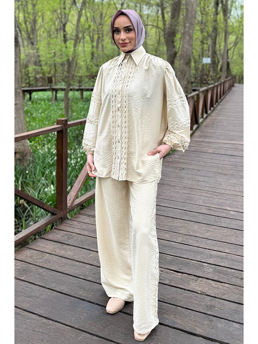 Bej Fistolu Kol Lastikli Gömlek Pantolon Tesettür İkili Takım-3