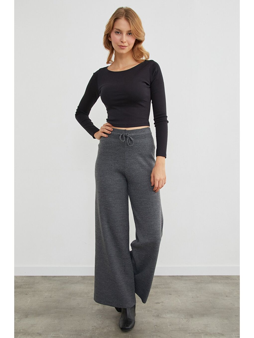 Antrasit Beli Lastikli Palazzo Triko Pantolon-3