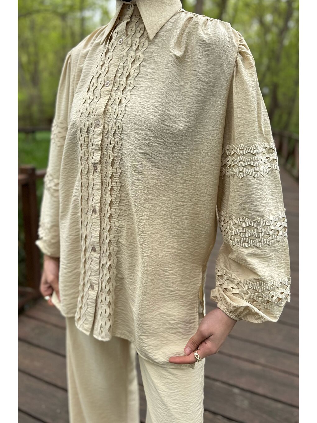 Bej Fistolu Kol Lastikli Gömlek Pantolon Tesettür İkili Takım-5