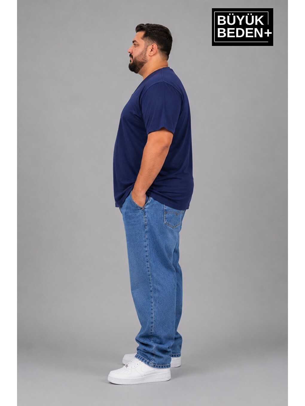 Büyük Beden Erkek V Yaka Pamuklu Basic Tişört Lacivert 3XL-6XL SPR26BTS509-1