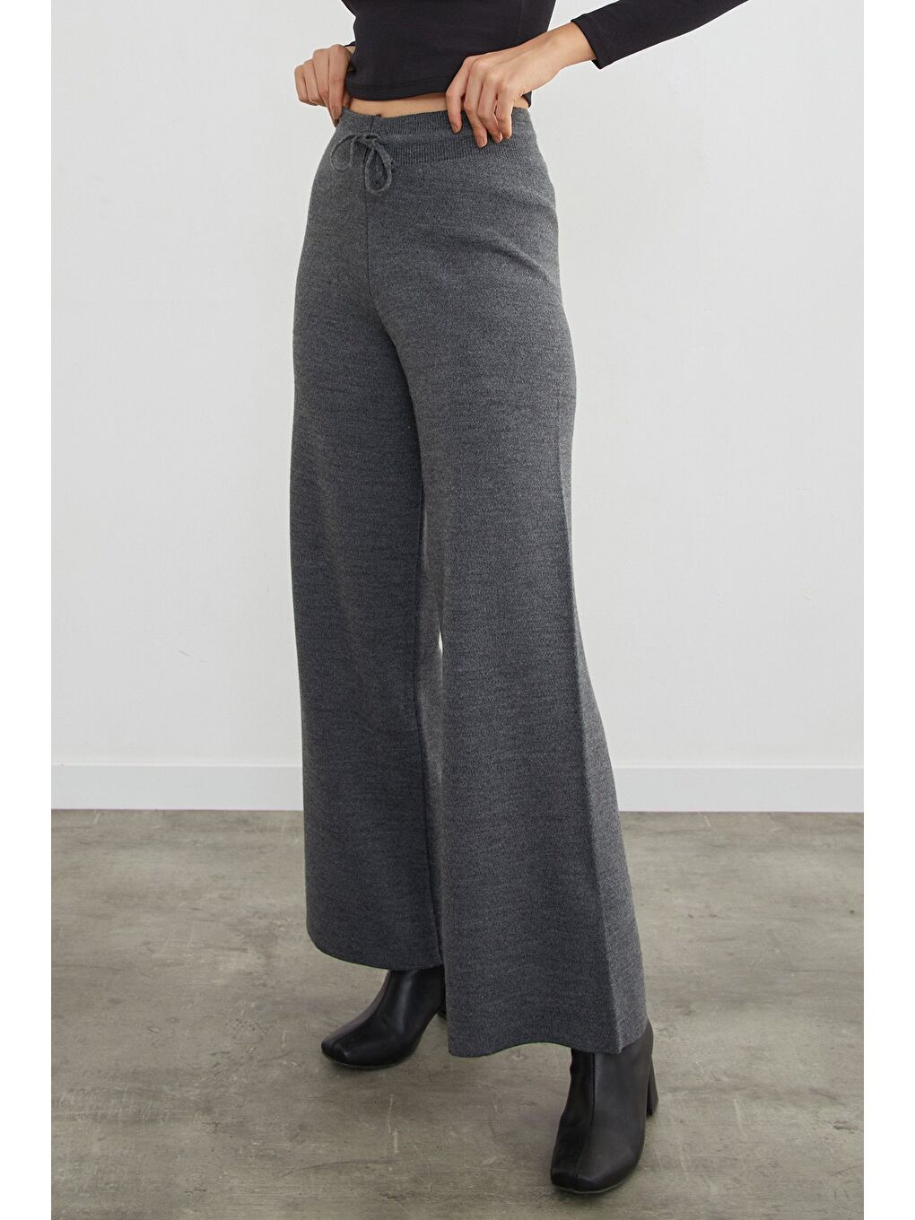 Antrasit Beli Lastikli Palazzo Triko Pantolon-4