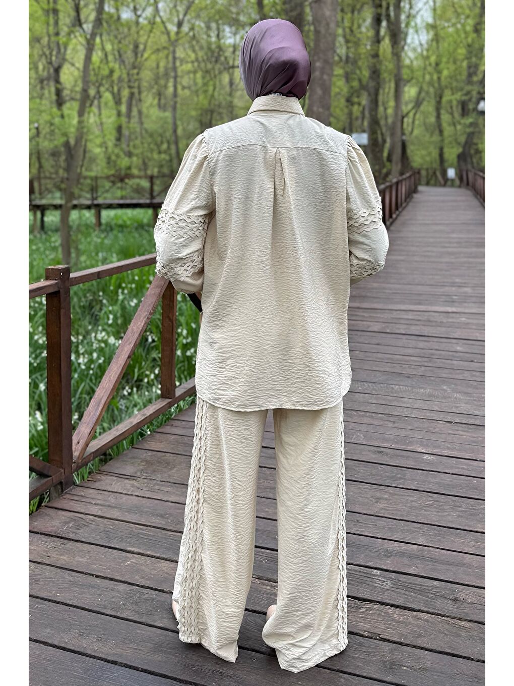 Bej Fistolu Kol Lastikli Gömlek Pantolon Tesettür İkili Takım-7