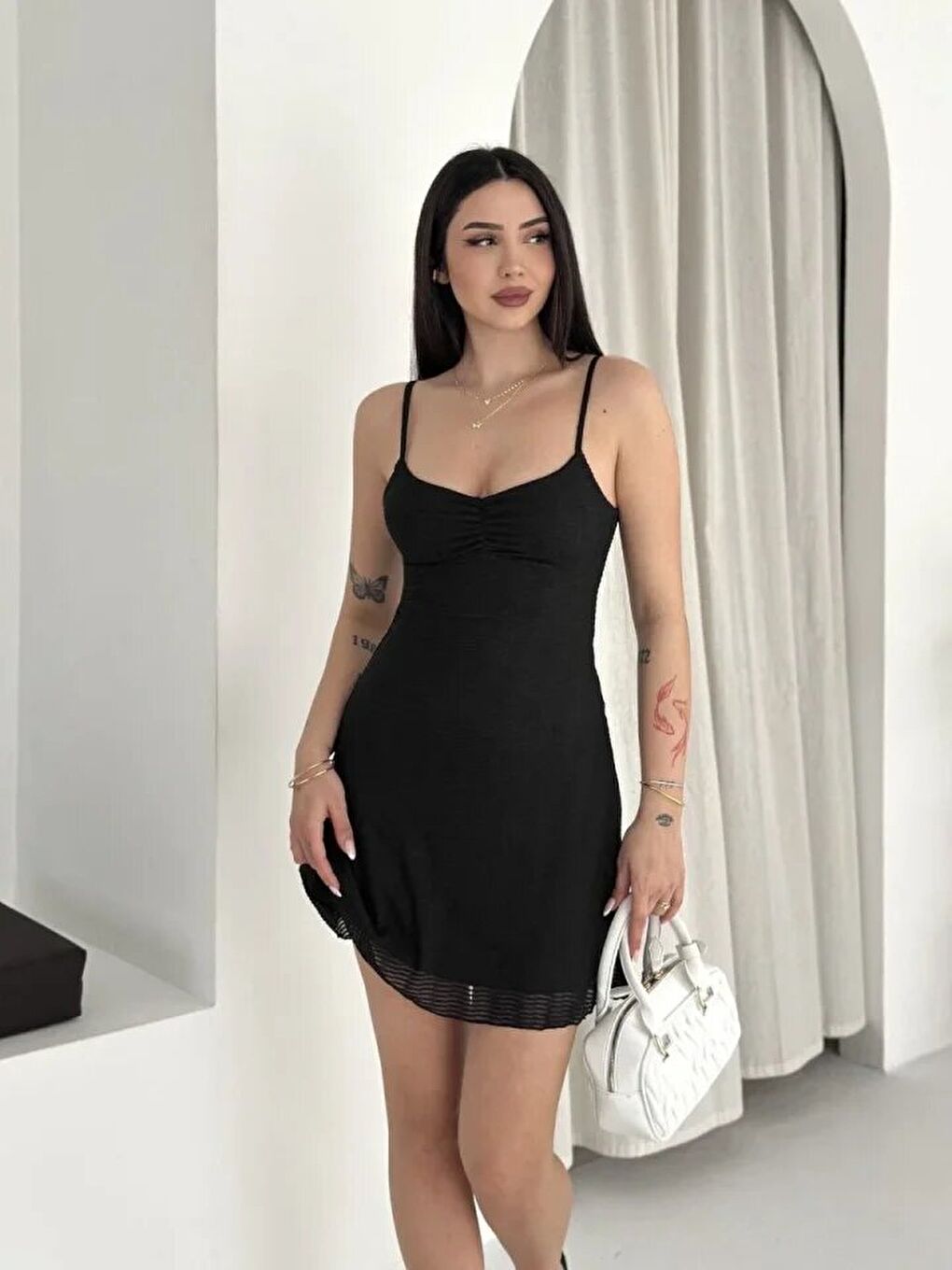 Askılı Mini Elbise Drapeli Göğüs Detay Elastanlı Yazlık Fit - Siyah-2