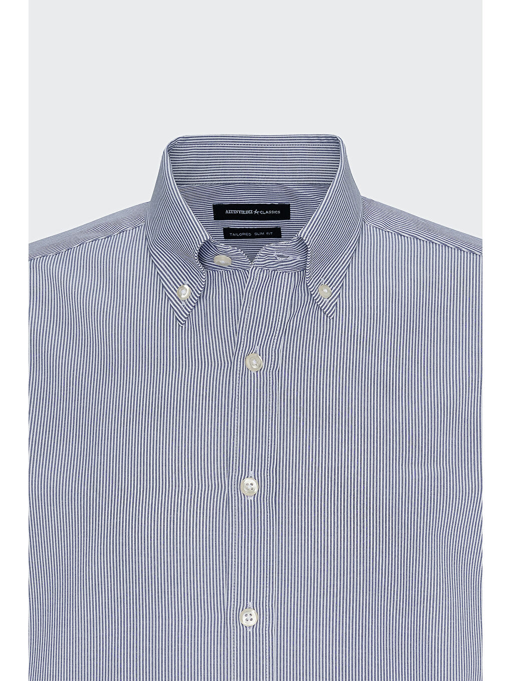 Erkek Beyaz-Mavi Slim Fit Dar Kesim Düğmeli Yaka Çizgili Gömlek-6