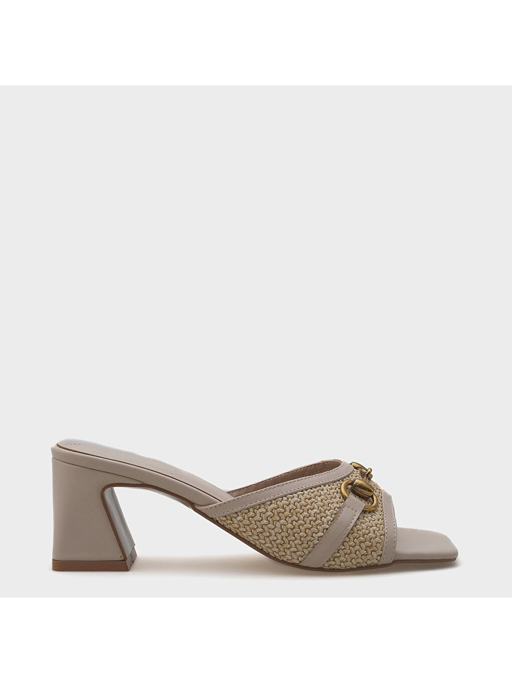 Bej Natalie Hasır Orta Topuklu Ahşap Tokalı Kadın Terlik