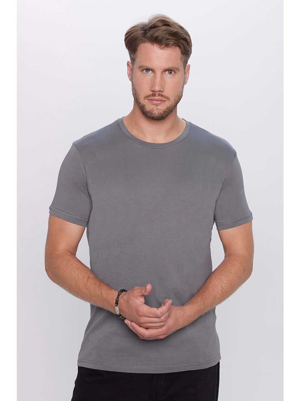 Karışık Unisex 5'Li Paket Siyah-Beyaz-Füme-Vizon-Yeşil Slim Fit Dar Kesim %100 Pamuk Bisiklet Yaka Tişört-5