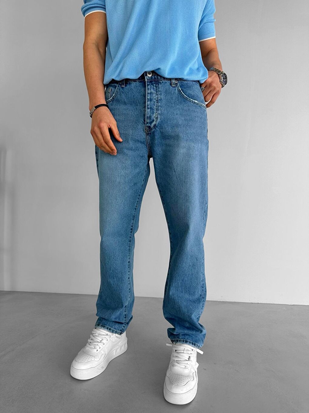 ablukaonline Baggy Fit Düz Kesim Jean Pantolon Mavi