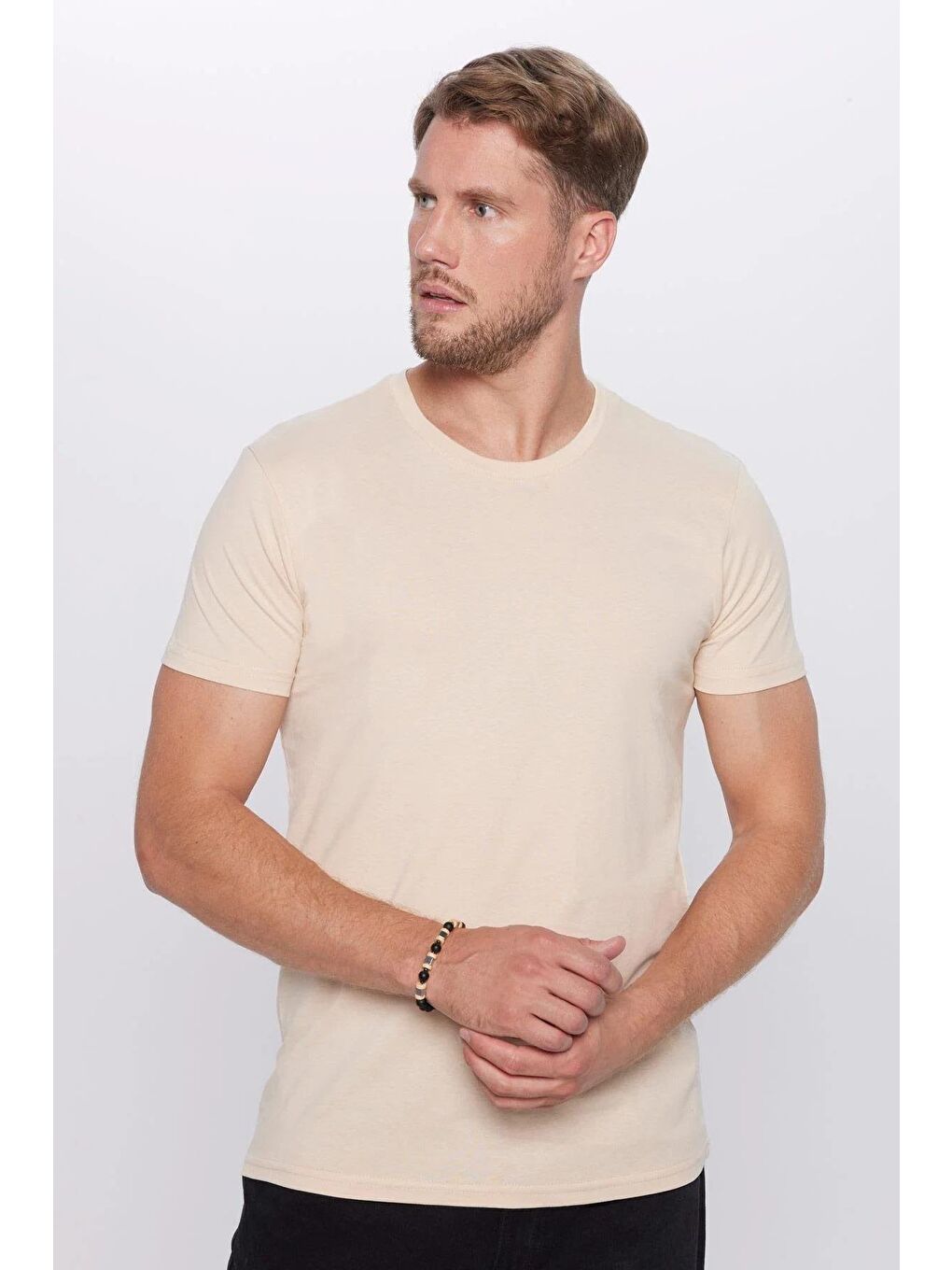 Karışık Unisex 3'Lü Paket Haki-Beyaz-Vanilya Slim Fit Dar Kesim %100 Pamuk Bisiklet Yaka Tişört-3