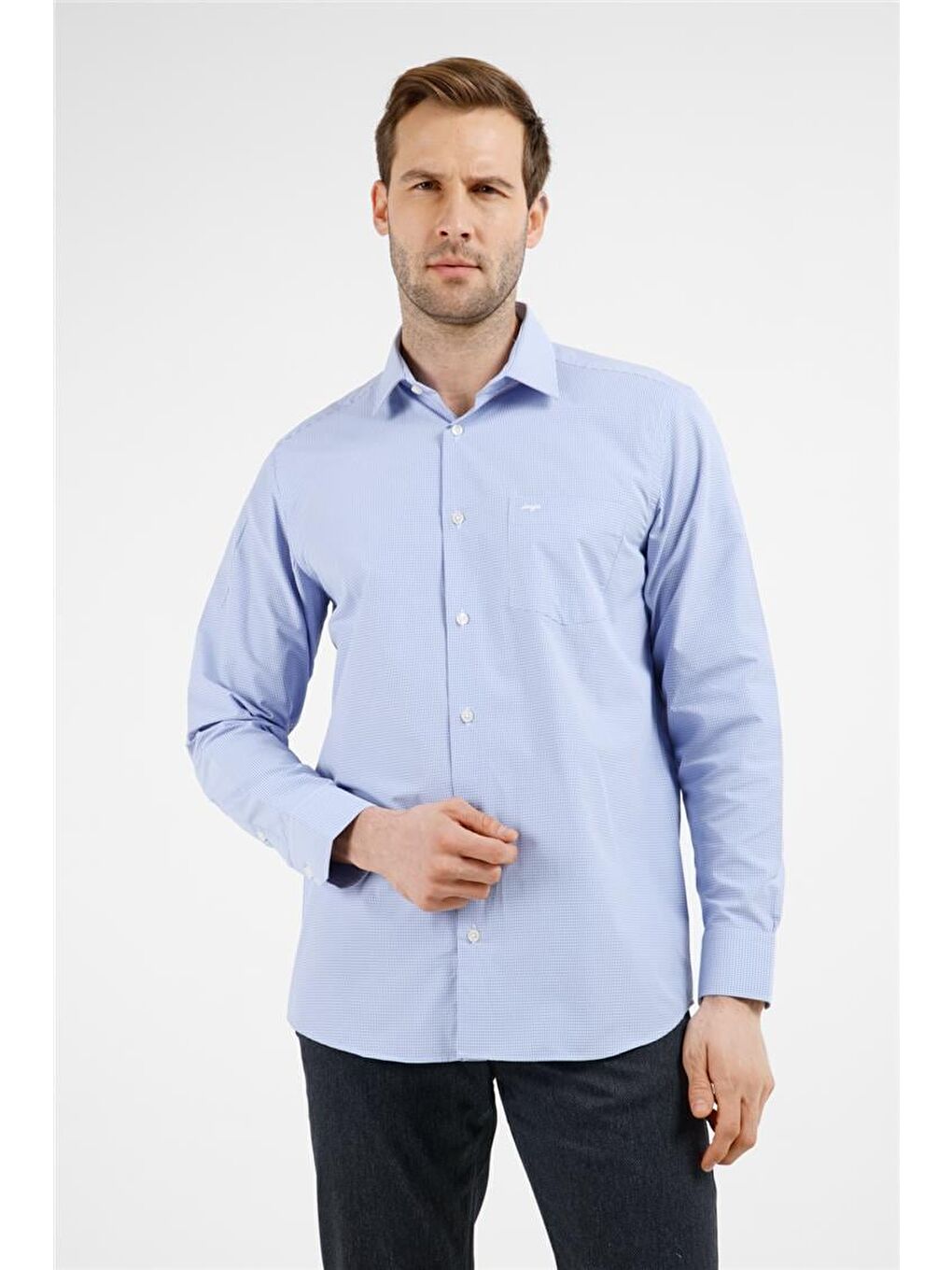 Mavi - Beyaz Kareli Desen Sert Yaka Uzun Kol Cepli Comfort Fit Pamuklu Gömlek 1004255207-2