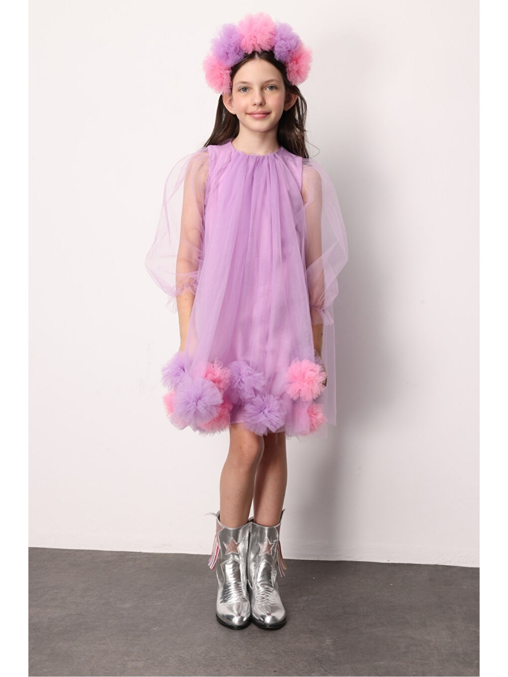Lila Uzun Kollu Etek Ucu Ponpon Detaylı Kız Çocuk Elbise - Kathy