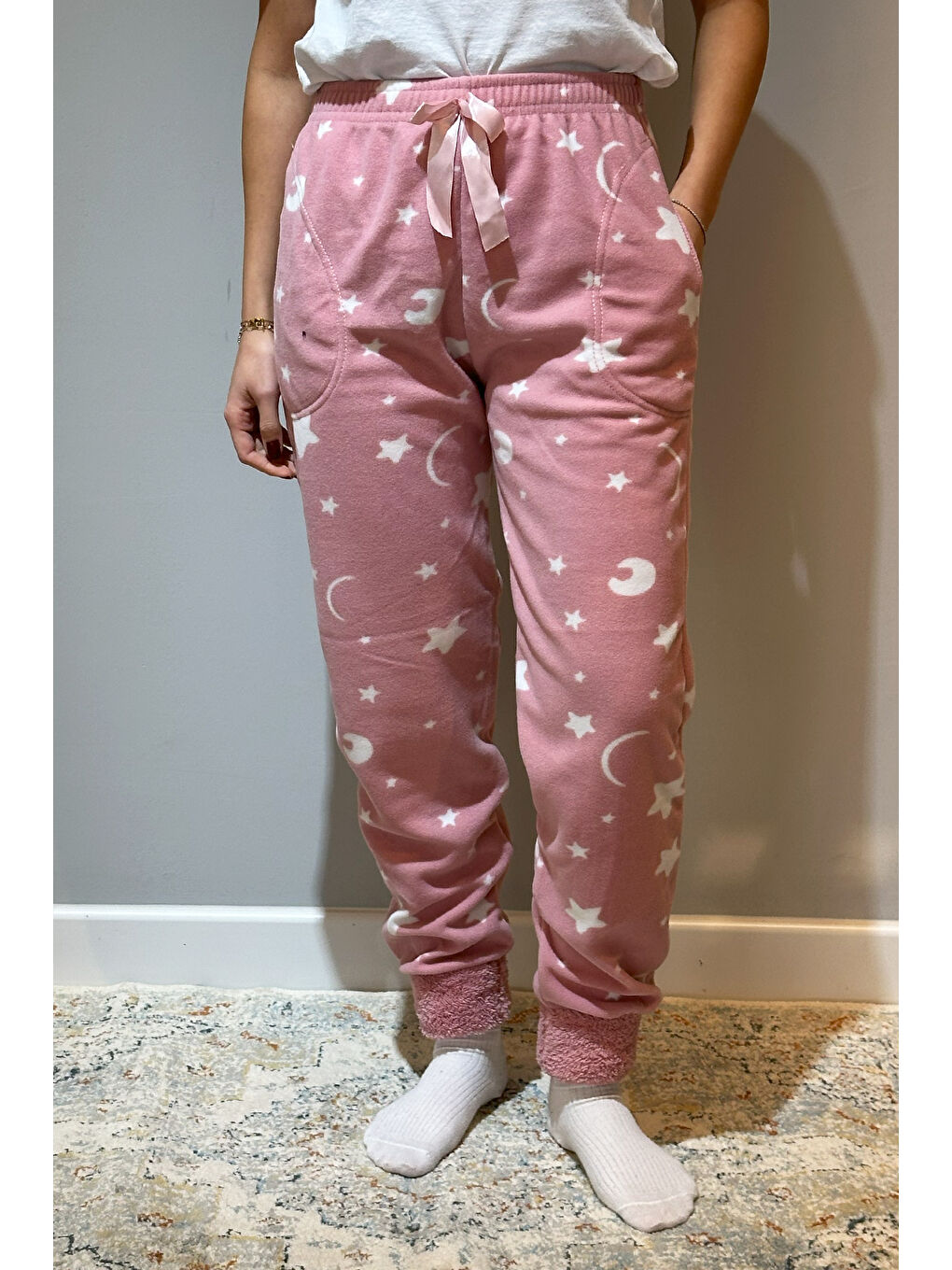 Remsa Pembe Kadın Polar Manşetli Pijama Tek Alt Yıldız 130 Pudra