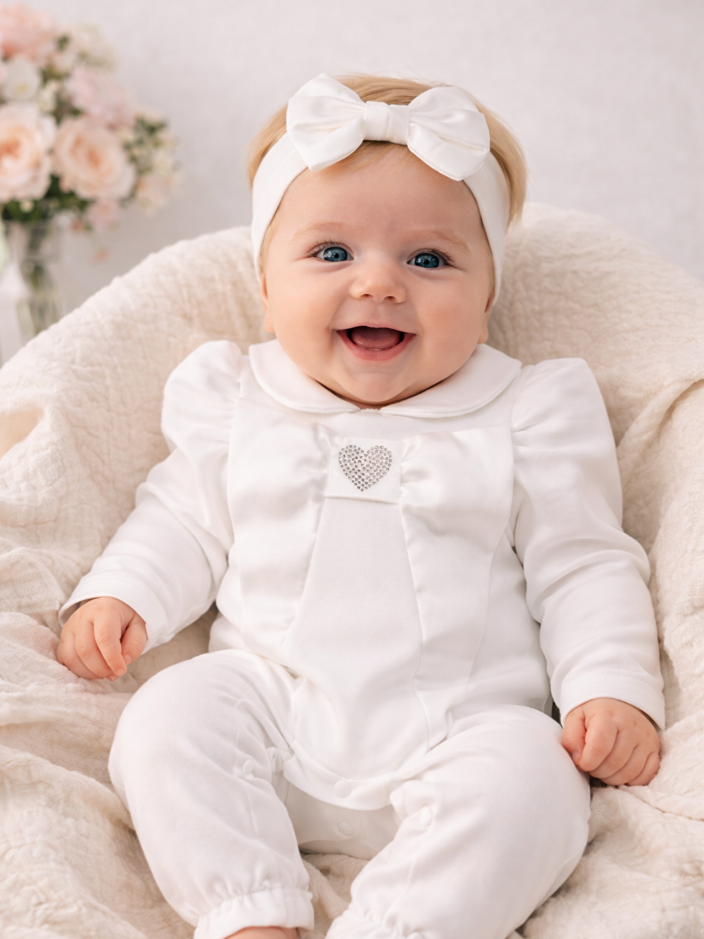 Beyaz Kız Bebek Bayramlık Özel Tulum Kalpli Pamuklu Saç Tokalı 2li Tulum Seti-1