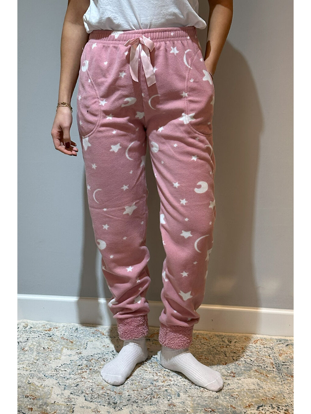 Remsa Pembe Kadın Polar Manşetli Pijama Tek Alt Yıldız 130 Pudra - 2