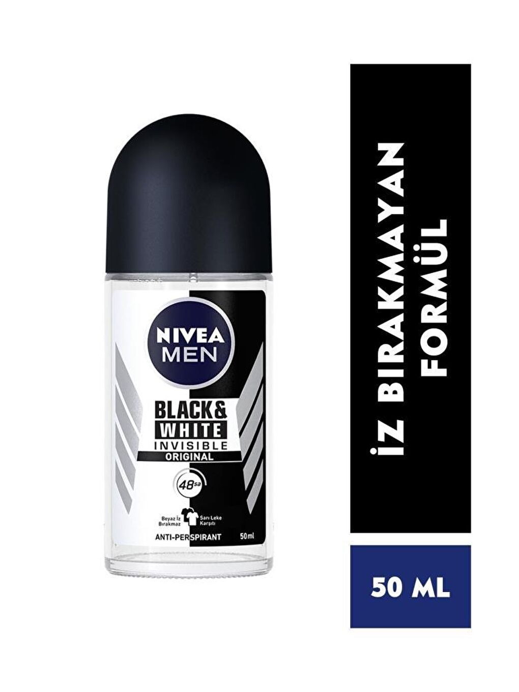 NIVEA Şeffaf Men Erkek Roll-On Deodorant Black&White Invisible Original 50 ml, 48 Saat Anti-Perspirant Koruma