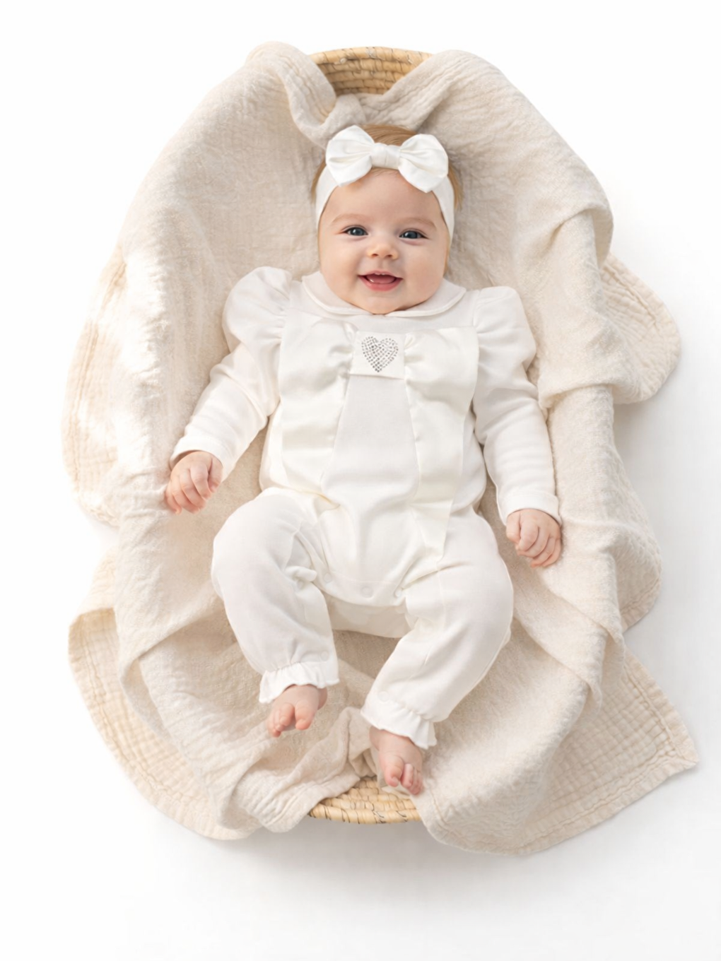 Beyaz Kız Bebek Bayramlık Özel Tulum Kalpli Pamuklu Saç Tokalı 2li Tulum Seti-2