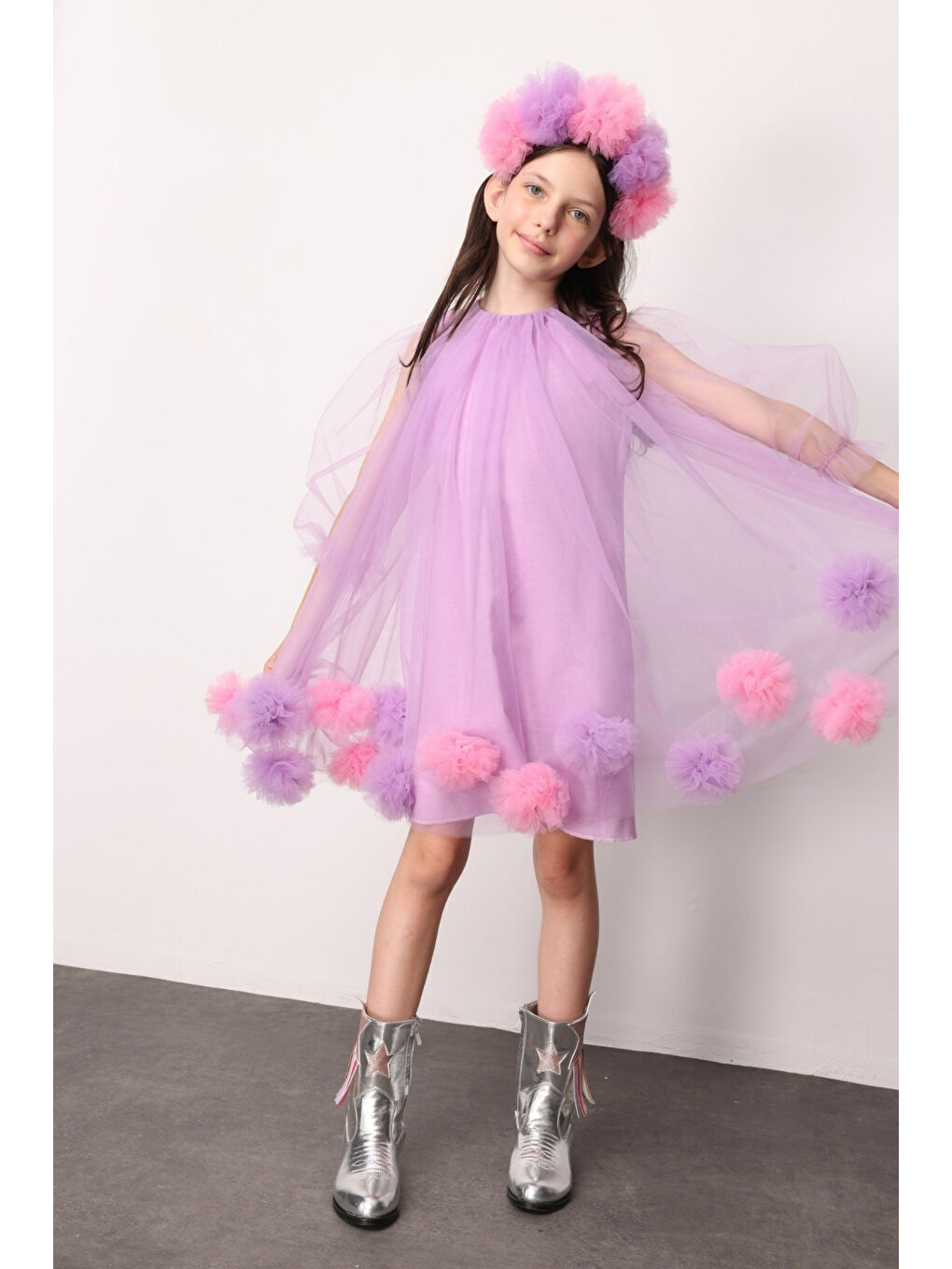 Lila Uzun Kollu Etek Ucu Ponpon Detaylı Kız Çocuk Elbise - Kathy-1