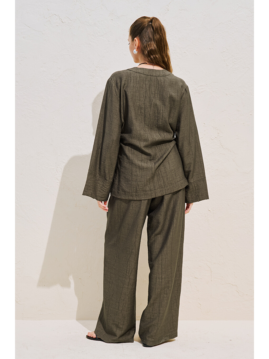 Bej Dokulu Bağlamalı Kimono Bluz Vizon-7