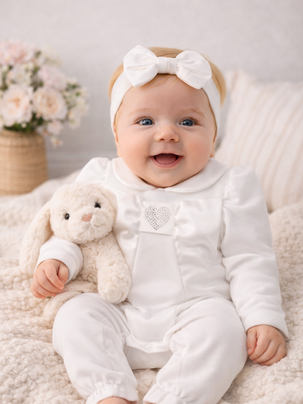 Beyaz Kız Bebek Bayramlık Özel Tulum Kalpli Pamuklu Saç Tokalı 2li Tulum Seti-4