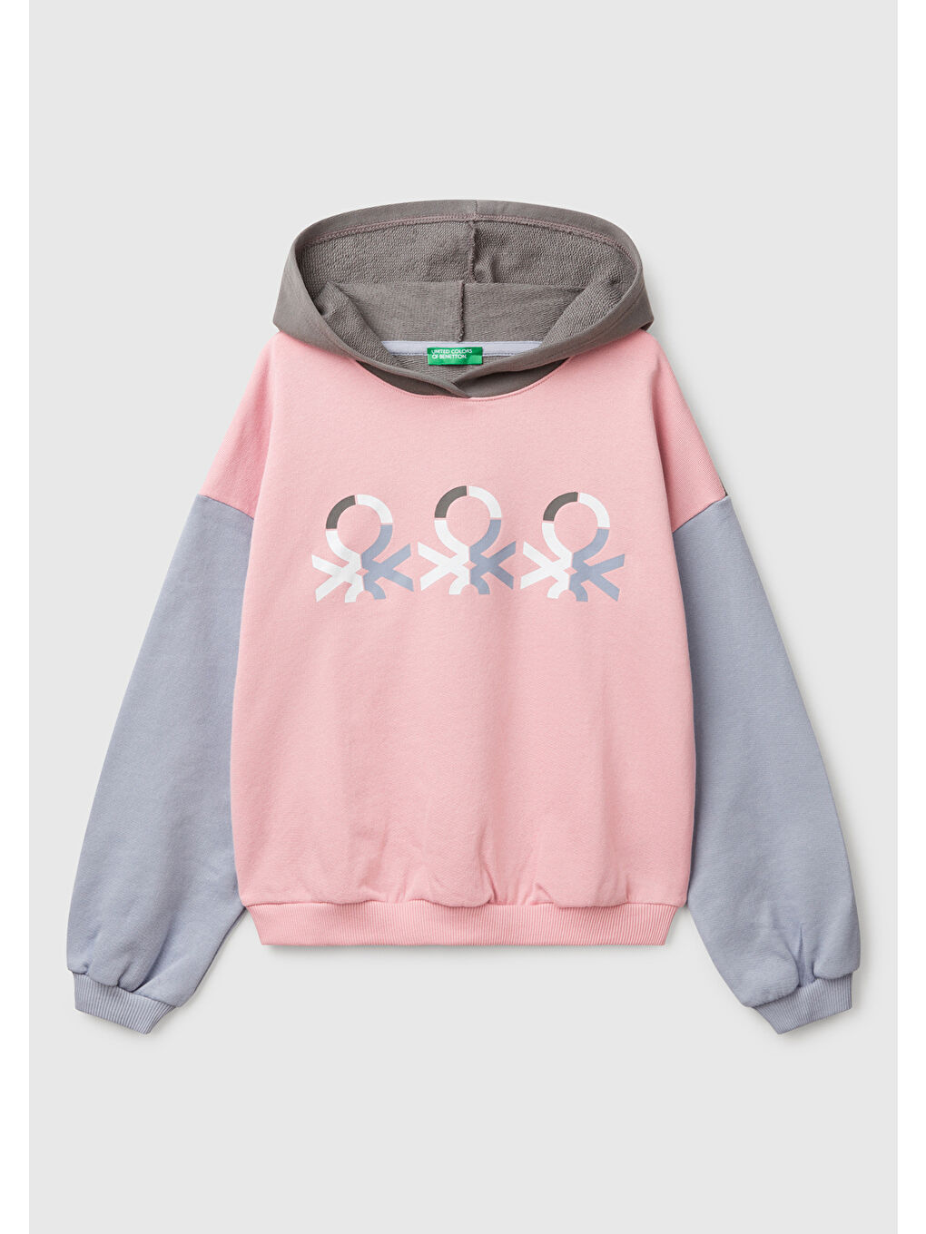 Kız Çocuk Pembe Mix Benetton Logo Baskılı Kapüşonlu Sweatshirt
