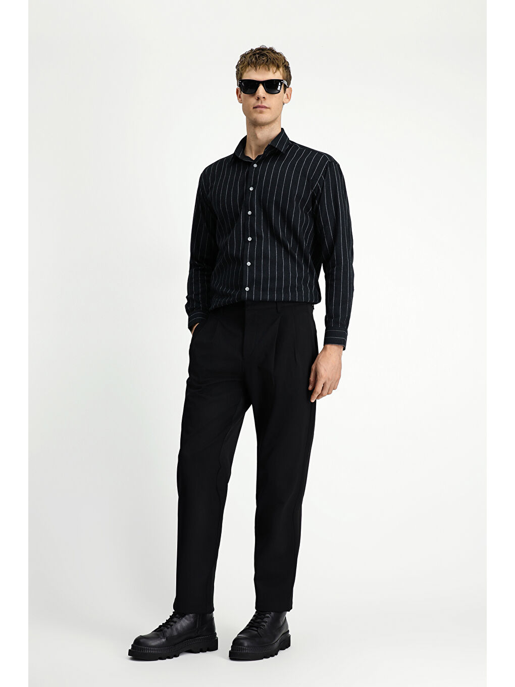 Siyah Straight Wide Fit Pileli Elastanlı Kanvas / Chino Pantolon-2