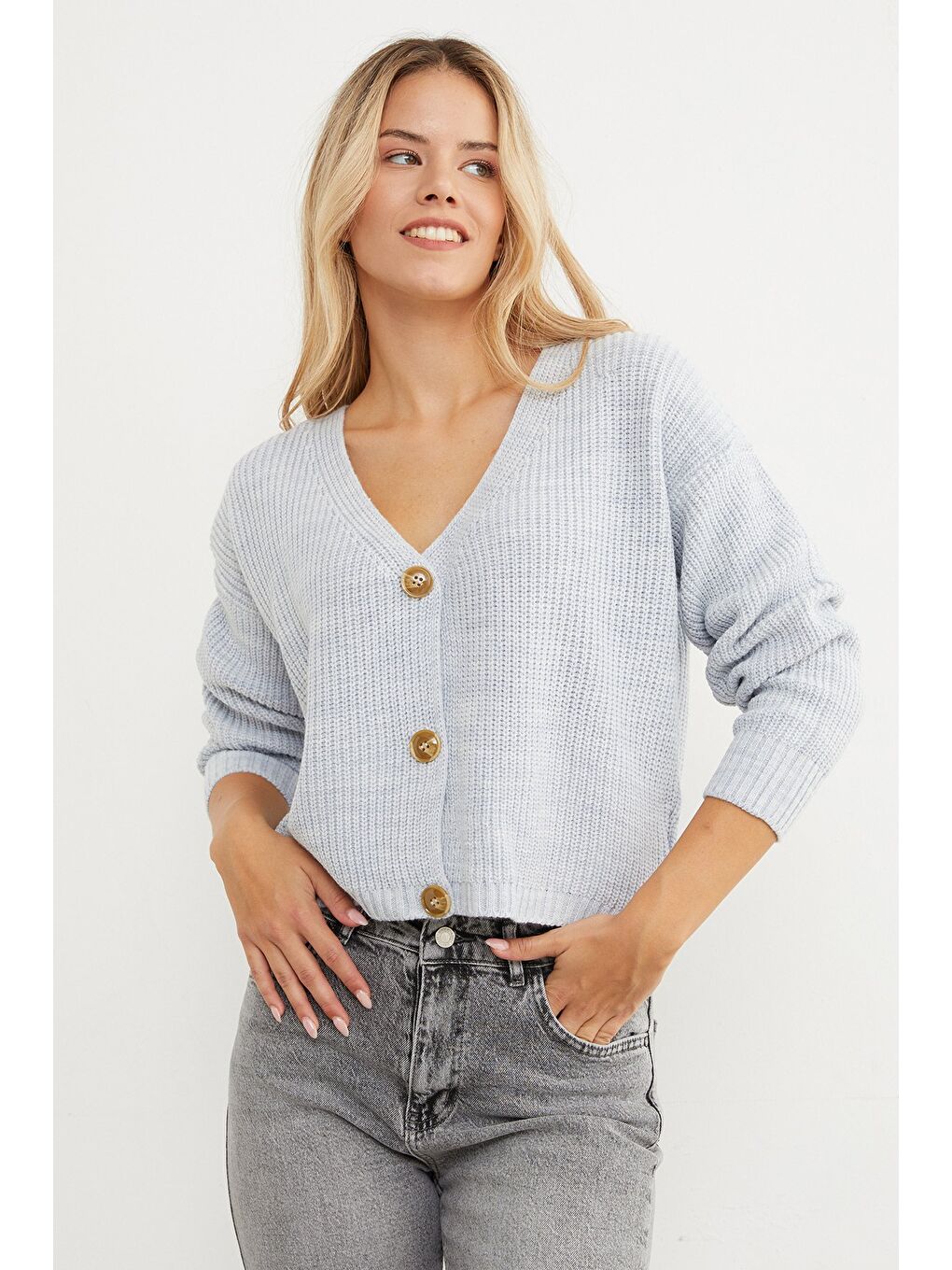 Mavi Düğmeli V Yaka Triko Hırka-1