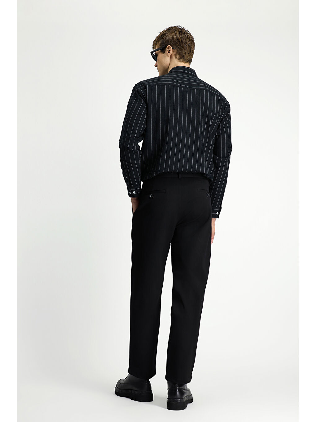 Siyah Straight Wide Fit Pileli Elastanlı Kanvas / Chino Pantolon-3