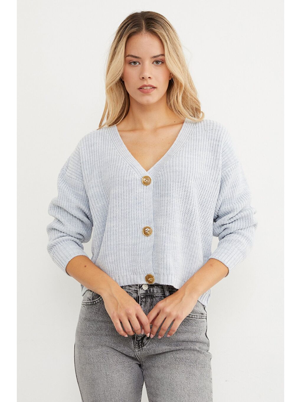 Mavi Düğmeli V Yaka Triko Hırka-2