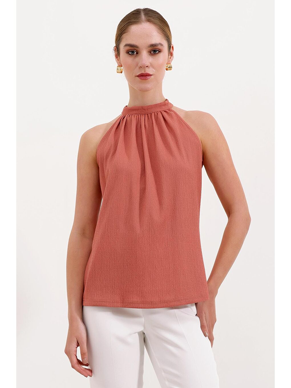 Pembe 0489 Halter Yaka Örme Bluz - Gül Kurusu